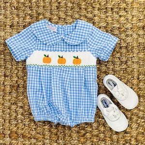 Pumpkin Smocked Boy&#39;s Bubble in Blue  Gingham - Fall, Halloween, Thanksgiving, Baby Boy outfit 529 *F
