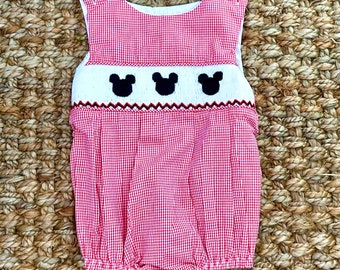 Mouse Smocked Boy Bubble - Red gingham, Disney Trip, Baby Boy, Mickey Mouse Birthday,