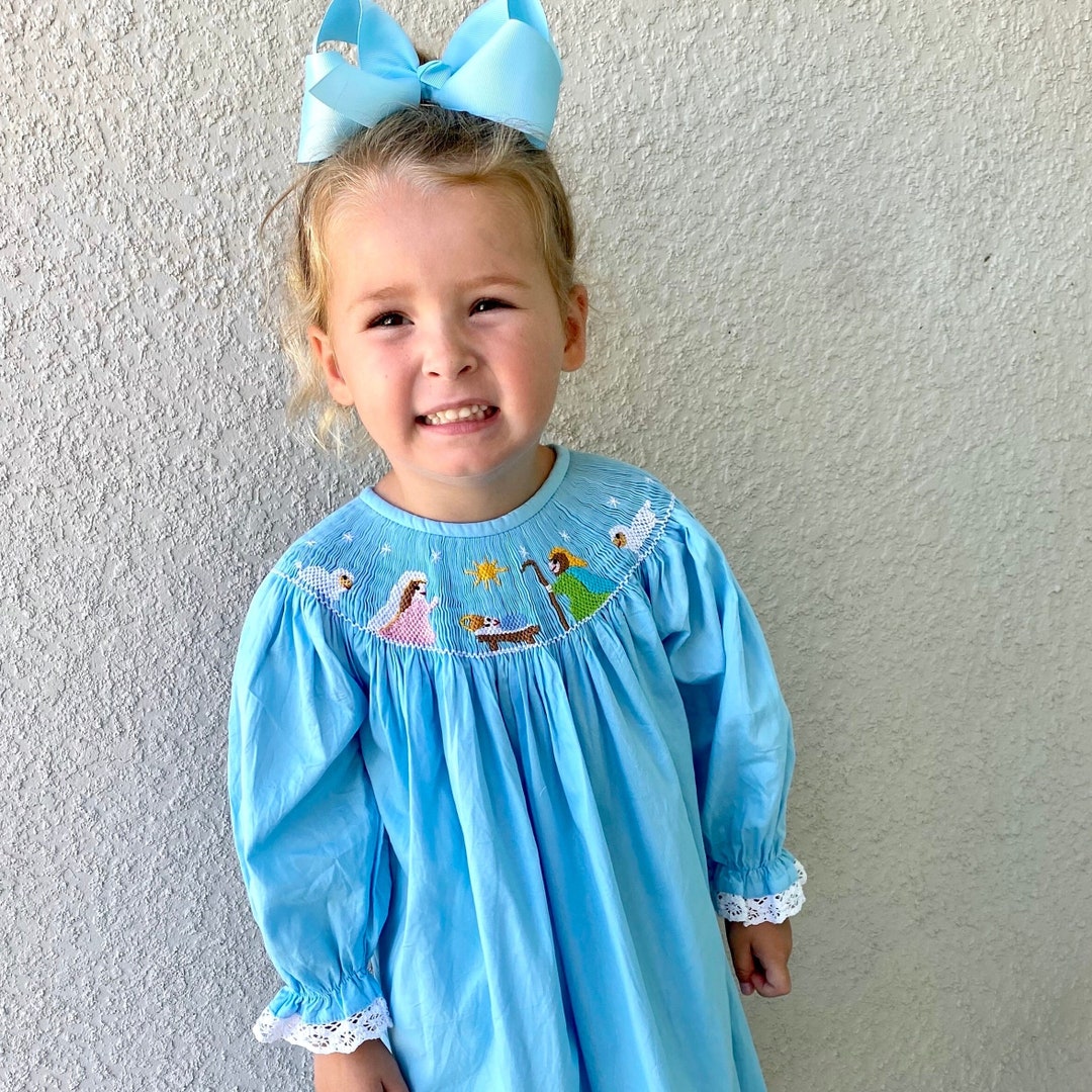 Christmas Nativity Smocked Dress in Light Blue Dress Etsy