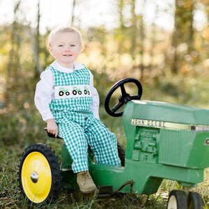 Green Tractor Smocked Longall - Fall Jon Jon, Farm Outfit