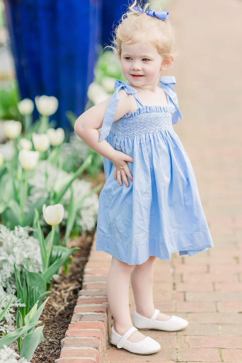 Smocked Lyon Dress in Blue with Tie Straps Vintage Style, Heirloom, Easter, Baby Girl image 5