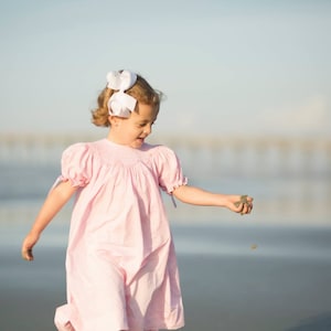 Smocked Heirloom Dress in pink with Ribbons on the Sleeves - Vintage Style, Beach Dress, Flower Girl, Baby Girl, Bishop Style