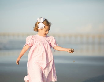 Smocked Heirloom Dress in pink with Ribbons on the Sleeves - Vintage Style, Beach Dress, Flower Girl, Baby Girl, Bishop Style