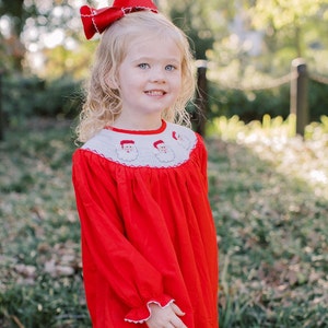 Santa Smocked Christmas Dress in Red - Long Sleeve Christmas outfit, Heirloom, Girl Bishop Dress, Vintage Style, Matching outfits