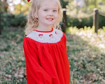 Santa Smocked Christmas Dress in Red - Long Sleeve Christmas outfit, Heirloom, Girl Bishop Dress, Vintage Style, Matching outfits