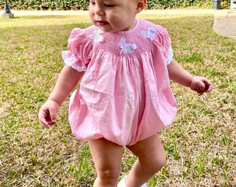 Easter bunny smocked Bubble Romper in pink with lace