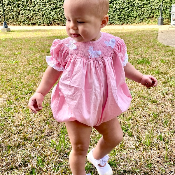 Easter bunny smocked Bubble Romper in pink with lace