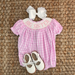 Big Sister Smocked Pink Gingham Romper, Bubble Romper, Baby Girl, Coordinating sibling sets, Heirloom 651 *F