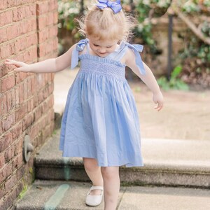 Smocked Lyon Dress in Blue with Tie Straps Vintage Style, Heirloom, Easter, Baby Girl image 2
