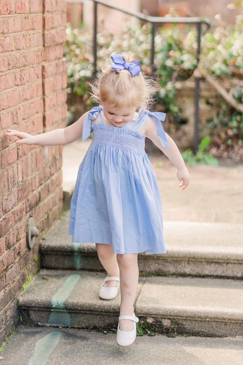 Smocked Lyon Dress in Blue with Tie Straps Vintage Style, Heirloom, Easter, Baby Girl image 2