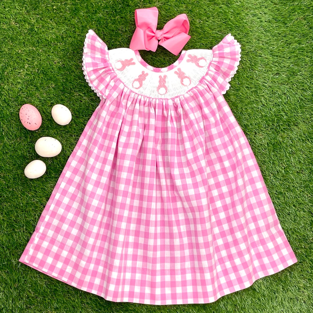Petit Ami Blue Puff Short-Sleeve Easter Bunny Embroidery Smocked Dress
