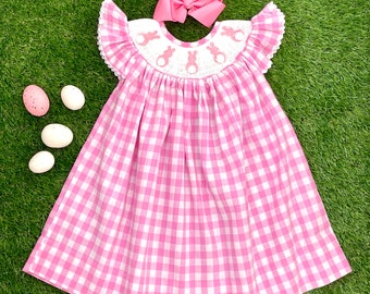 Easter Bunny Smocked Dress in Pink Gingham Flutter Sleeve Bishop dress - Heirloom, Vintage Style, Machine washable