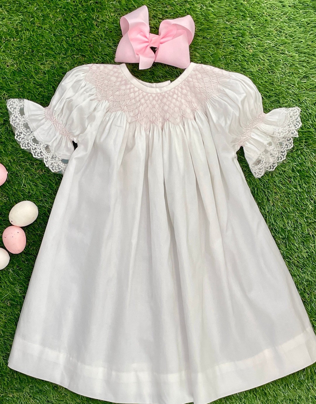Smocked Heirloom Pink Bow White Pique Dress main image 1