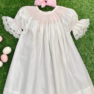 Heirloom Smocked Dress in Ivory and Pink with Lace Sleeves - Easter, Flower girl, Portrait, Wedding, Vintage Style