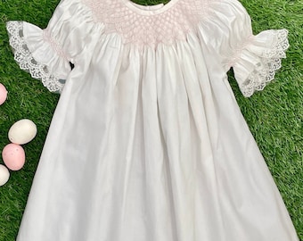 Heirloom Smocked Dress in Ivory and Pink with Lace Sleeves - Easter, Flower girl, Portrait, Wedding, Vintage Style