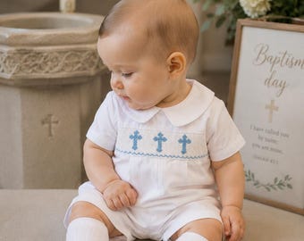 Cross Smocked Shortall in White with Blue Crosses - Baby Boy, Baptism, Easter outfit,  Christening, Heirloom outfit, Vintage Style 588 *A
