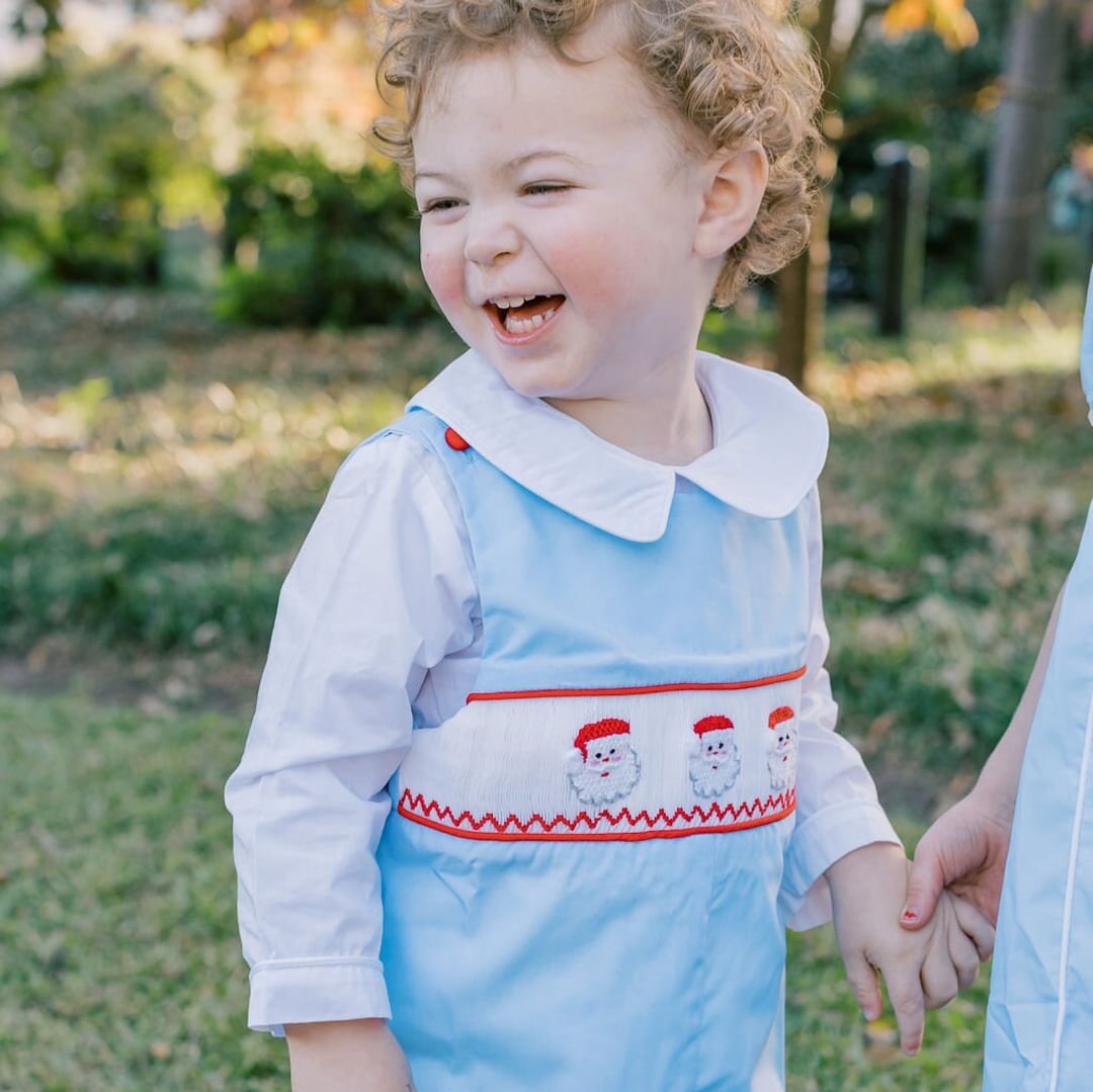 Santa Smocked Christmas Longall in Blue Christmas Outfit, Heirloom, Boys Christmas Outfit, Baby
