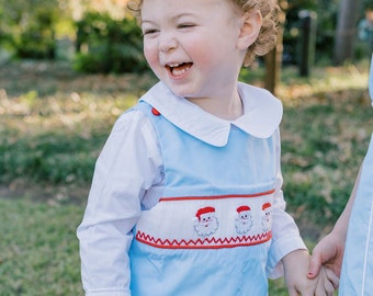 Santa Smocked Christmas Longall in Blue - Christmas outfit, Heirloom, Boys Christmas Outfit, Baby Boy, Matching sibling, Vintage Style