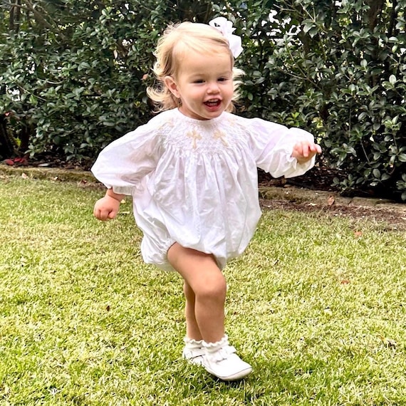 long sleeve smocked easter dress Classic Easter Smocked Bunnies Yoke Toddler Dress