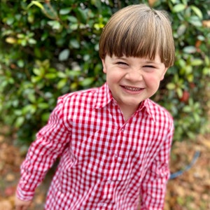 Boy&#39;s Shirt in Red Gingham - Christmas Shirt, Valentine Shirt, Everyday Shirt, Matching Sibling Outfits, Oxford, Button up Shirt 552 *A