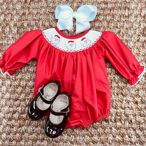 Santa Smocked Christmas Bubble in Red - Heirloom Girl Romper, Vintage Style, Matching Sibling 668 *B