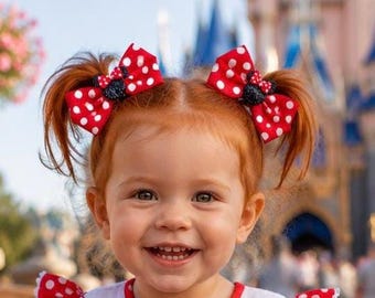 Lazo para el cabello con orejas de ratón en cinta de grosgrain con lunares - Inspirado en Minnie, lazo para viaje a Disney, primer cumpleaños