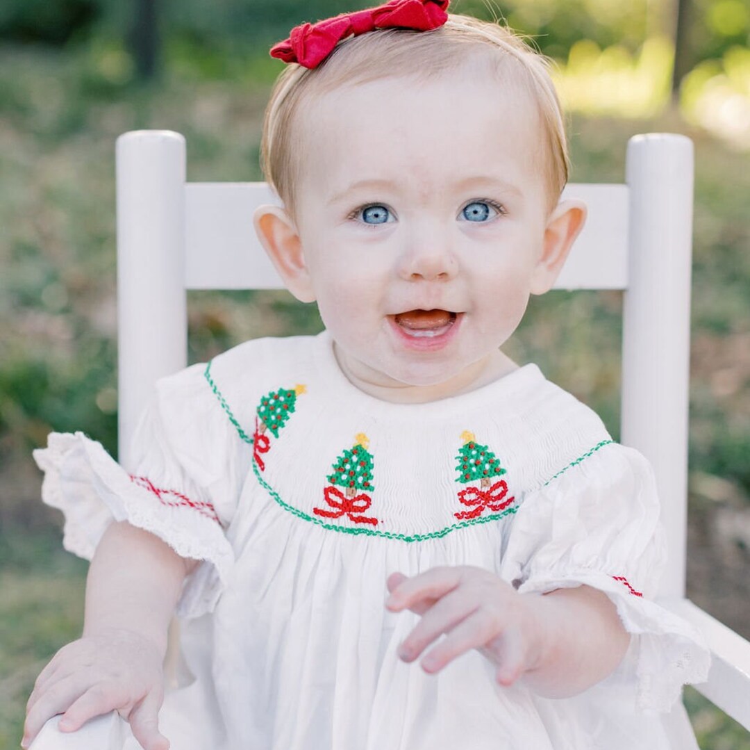 Smocked Christmas Tree Dress on Winter White With Red Bows Vintage