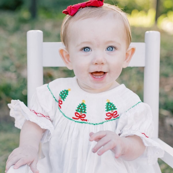 Smocked Christmas Tree Dress on Winter White with Red Bows - Vintage Style, Holiday, Bishop Dress, Baby Girl, Heirloom Dress, Santa Dress