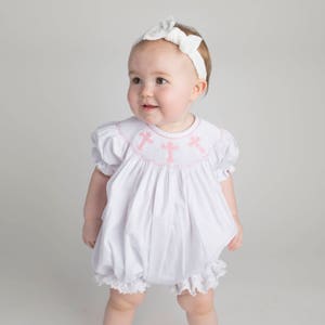 Smocked Cross Bubble Romper in White with Pink Crosses and Lace Baptism, Christening, Baby Girl, Heirloom, Bishop Style image 1