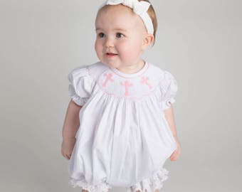 Smocked Cross Bubble Romper in White with Pink Crosses and Lace - Baptism, Christening, Baby Girl, Heirloom, Bishop Style