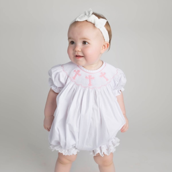 Smocked Cross Bubble Romper in White with Pink Crosses and Lace - Baptism, Christening, Baby Girl, Heirloom, Bishop Style
