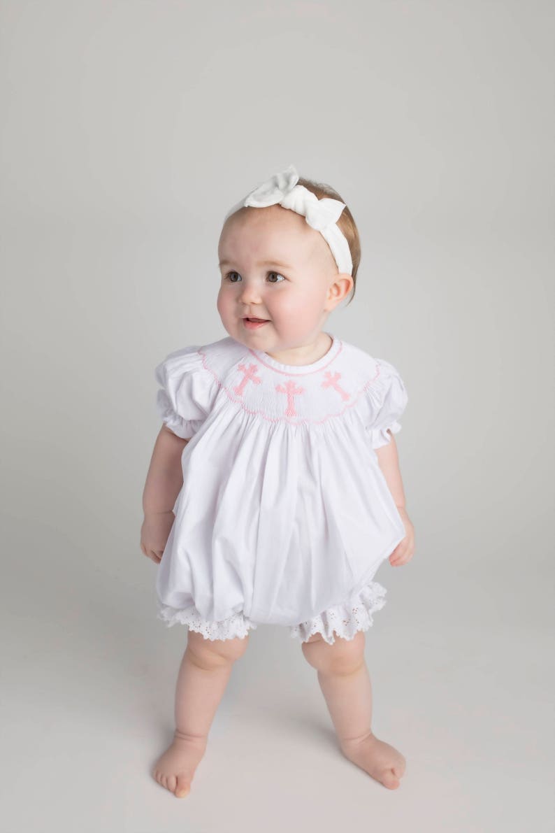 Smocked Cross Bubble Romper in White with Pink Crosses and Lace Baptism, Christening, Baby Girl, Heirloom, Bishop Style image 1