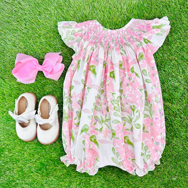 Smocked Bubble in Watercolor Floral, Pink Hydrangea Romper, Easter, Baby Girl, Heirloom, Vintage Style, Baby Gift, 721 *B