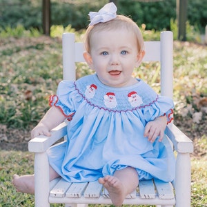 Santa Smocked Christmas Long Bubble in Blue - Heirloom Girl Romper, Vintage Style, Matching Sibling