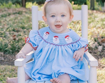 Santa Smocked Christmas Long Bubble in Blue - Heirloom Girl Romper, Vintage Style, Matching Sibling