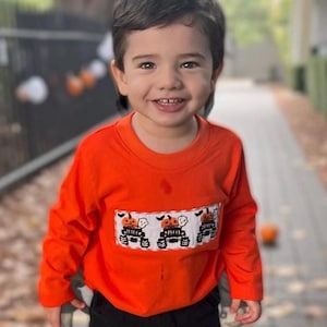 Smocked Halloween Truck Shirt in Orange Knit (shorts sold separately) - Jeep, Pumpkin, Fall, knit cotton shirt 653 *A