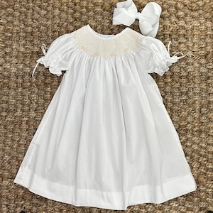 Heirloom Smocked Dress White with Cream Smocking and Ribbons Flower Girl, Wedding, Portrait, Easter, First Communion, Christmas image 3