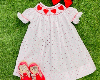 Valentine Smocked Dress - Red hearts on Polka Dots!  Bishop Dress, Baby Girl, Vintage Style, Heart Hand Smocked Dress, Embroidered