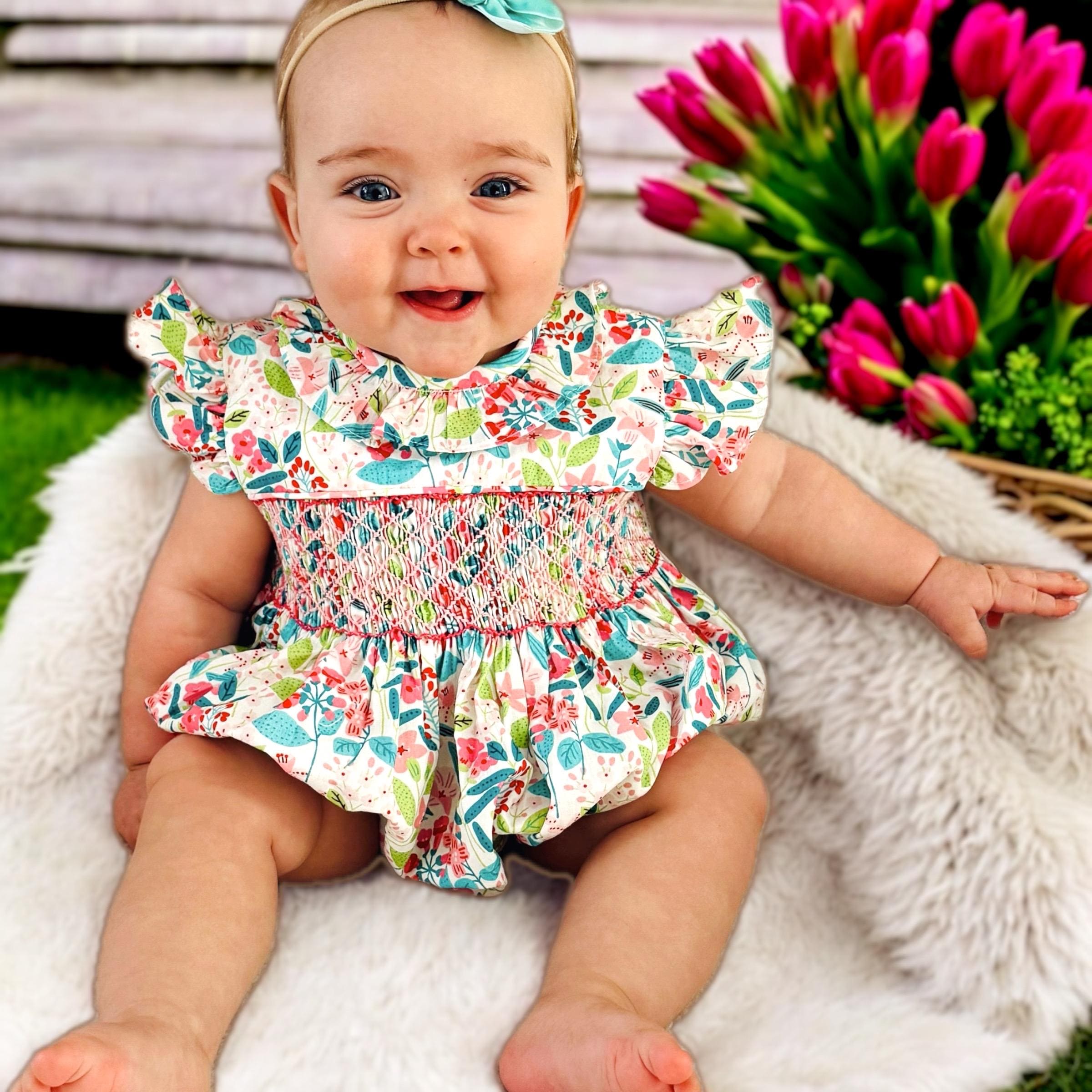 Smocked Bubble in Vibrant Floral- Hand Smocked Romper, Baby