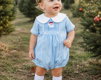 Santa Smocked Christmas Boy's Bubble in Blue - Christmas, Heirloom, Baby Boy, Vintage Style, Matching Sibling 556 *A
