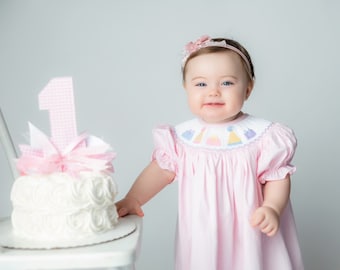 Birthday Smocked Dress in Pink -Birthday party outfit, Baby girl, Heirloom, Vintage style, machine washable