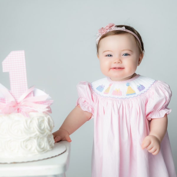 Robe smockée d’anniversaire en rose -Tenue de fête d’anniversaire, Bébé fille, Héritage, style vintage, lavable en machine