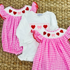 Valentine Smocked Bubble Romper Red Hearts and Bows on Pink Gingham matching sibling, heirloom, vintage, baby girl smock outfit image 4