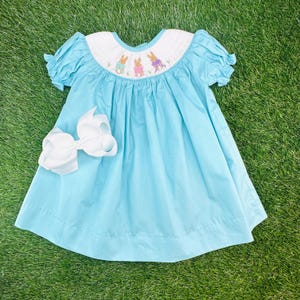 Easter Bunny Smocked Dress on Teal, Cottontail Rabbit, Matching Sibling, Baby Girl, Heirloom 707 *G
