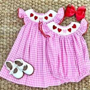 Valentine Smocked Bubble Romper Red Hearts and Bows on Pink Gingham matching sibling, heirloom, vintage, baby girl smock outfit image 7