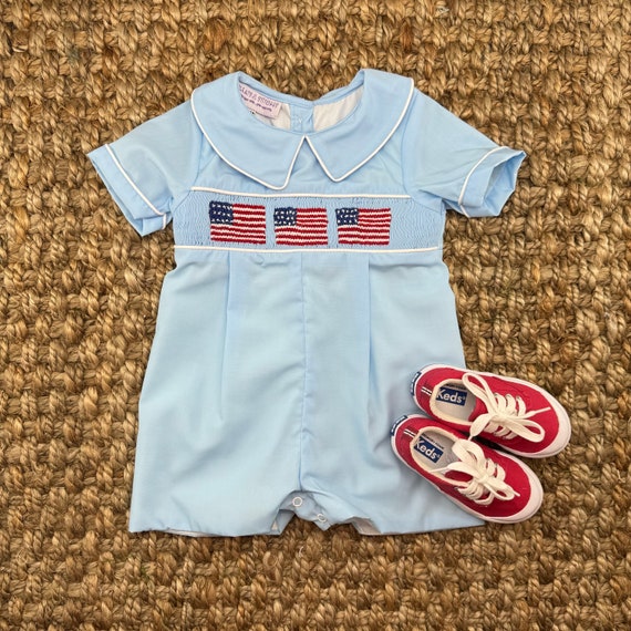 Flag Smocked Shortall With Collar in Blue - 4th of July