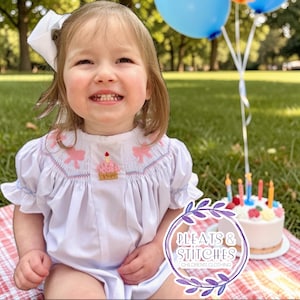 Birthday Cupcake Smocked Bubble Romper - Birthday party outfit, Baby girl, Heirloom, Vintage style, machine washable 819 *C