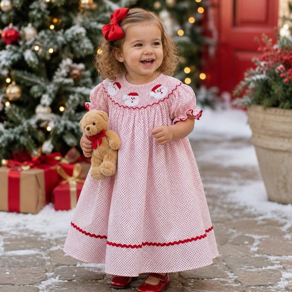 Santa Smocked Christmas Dress in Red & White Polka Dot - Heirloom, Vintage Style, Baby Girl, Holiday Dress, Matching Sibling 254 *G