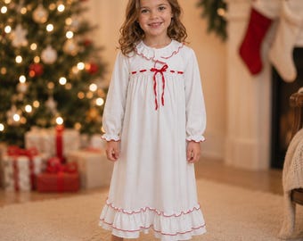 Girls Christmas Nutcracker Dress – White Soft Knit Dress with Red Ribbon, Ballet Christmas Outfit 522 *D