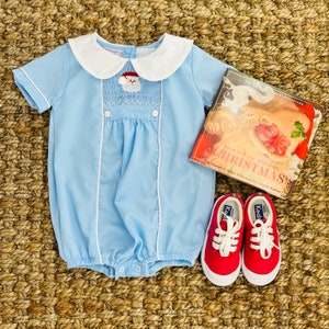 Santa Smocked Christmas Boy's Bubble in Blue - Christmas, Heirloom, Baby Boy, Vintage Style, Matching Sibling 556 *A